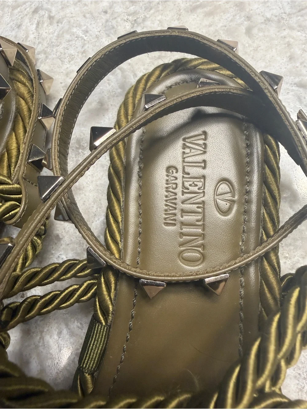Valentino Garavani Rockstud Torchon Rope Gladiator Sandals Olive 36